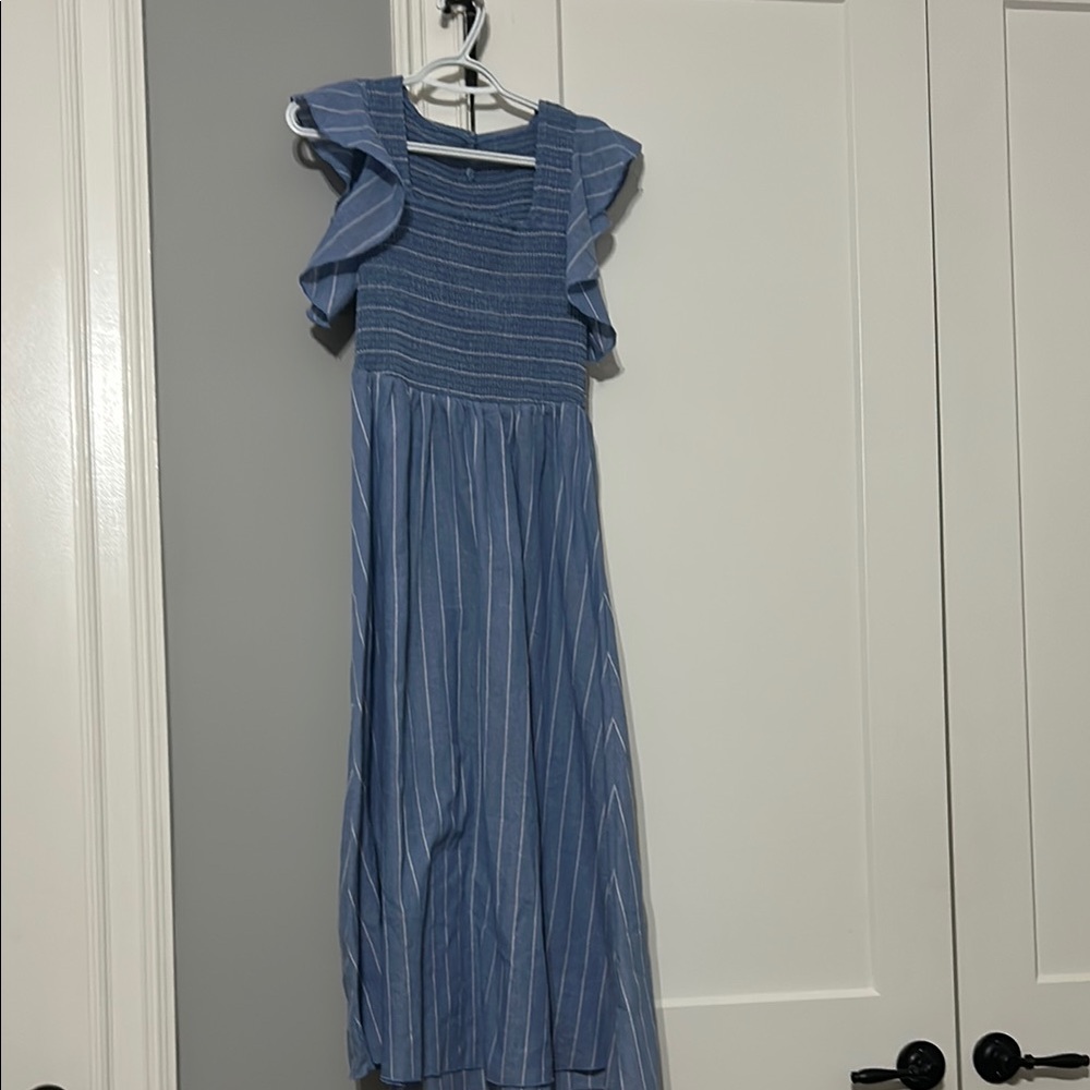 Blue Ruched Pleated Midi Sundress
